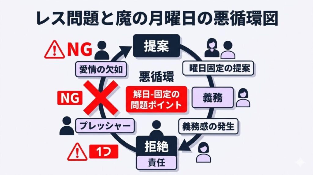 レス解消に向けた曜日固定の提案に対する「魔の月曜日」という義務化の拒絶と、愛情表現の欠如に関する悪循環を図式化したイメージ