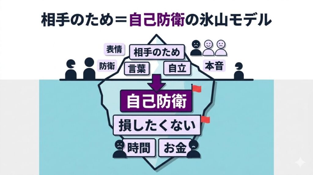 相手のためという言葉の裏に隠された、時間やお金を守りたい自己防衛の心理構造を氷山モデルで解説した因果図のイメージ