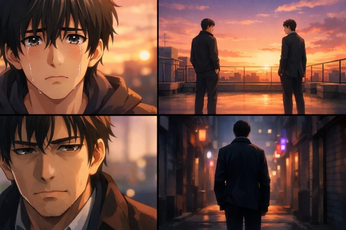 夕暮れの屋上で向き合う二人の男性と、感情的な瞳や冷たい視線の対比が描かれたイメージ