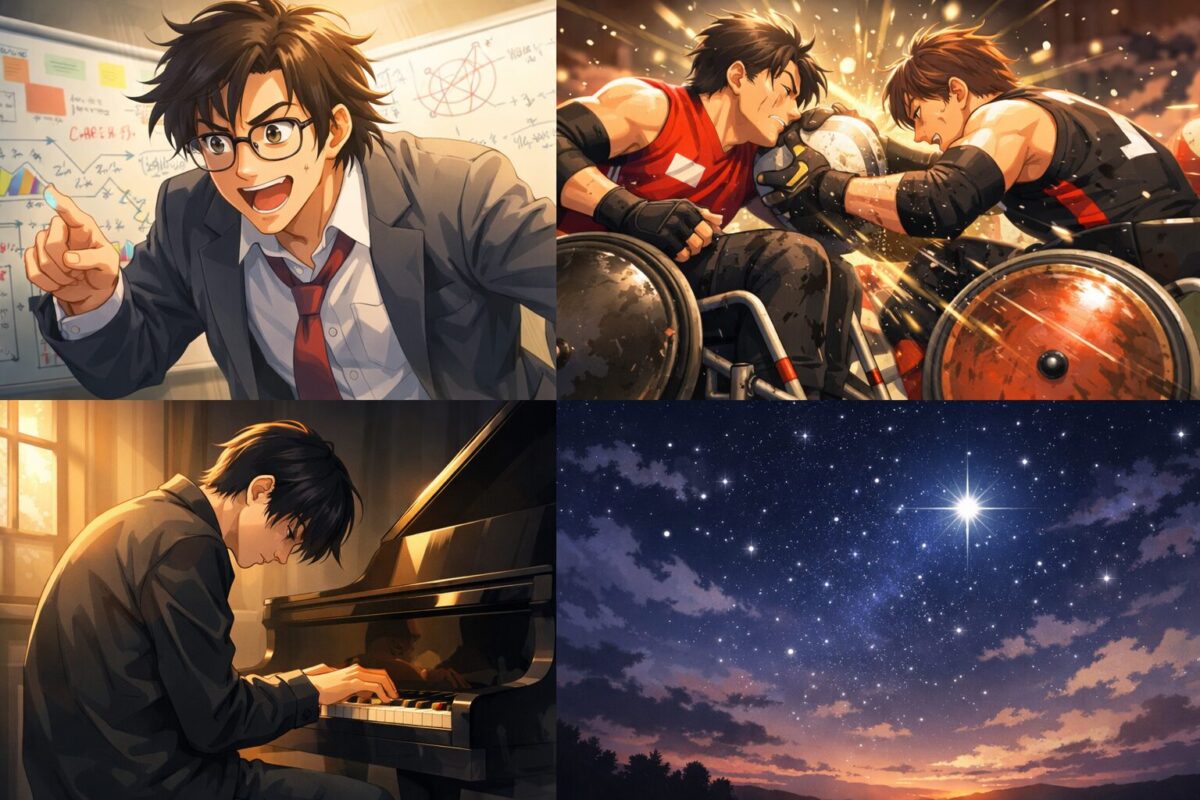 車いすラグビーの激しい試合シーン、考え込む人物、ピアノと過去の影、そして見上げる星空を4つのパネルで描いたイメージ