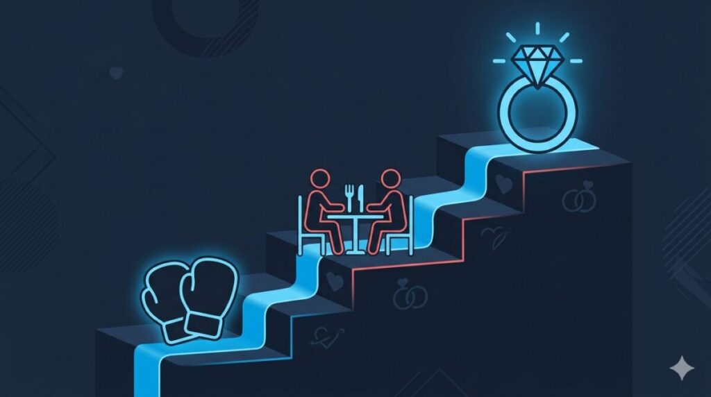 たいじゅとまりやが番組終了後に試合観戦やデートを経て結婚を前提とした真剣交際に至るまでのステップを図解