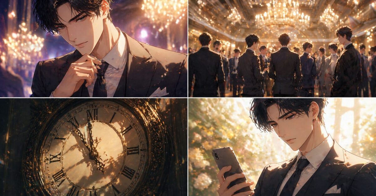 豪華なパーティー会場で時計を前に思案するスーツ姿の男性たちのイメージ