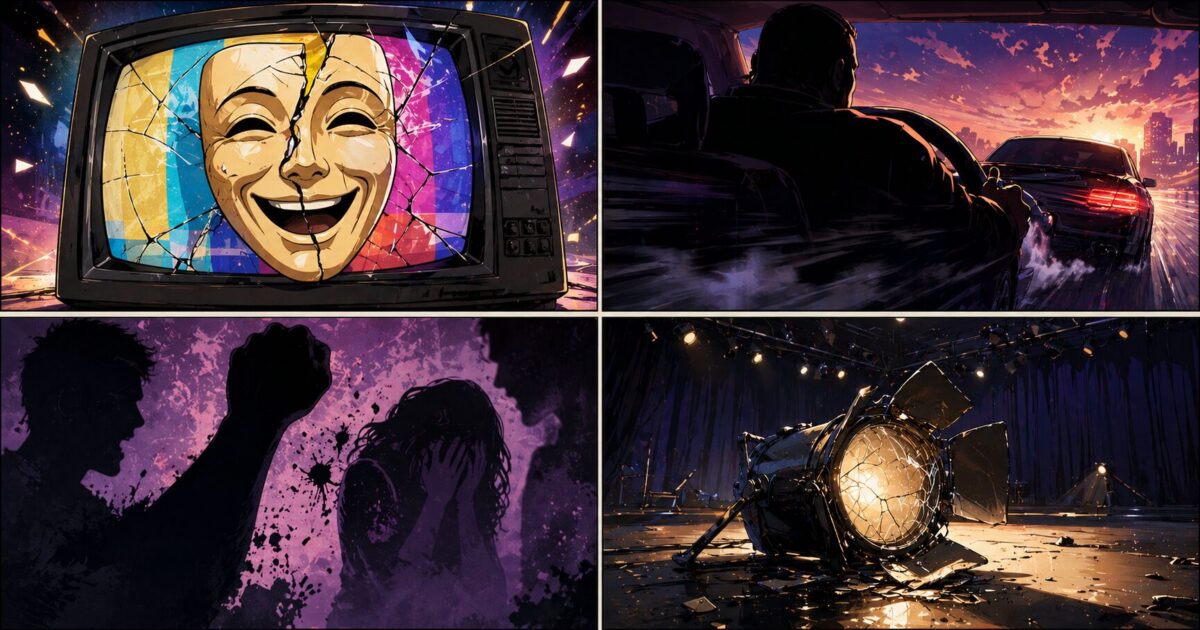 テレビの笑顔のお面が割れ、車で逃走する男性のシルエットや過去の暴力事件を暗示する影、誰もいないステージを描いた4コマ風イメージ