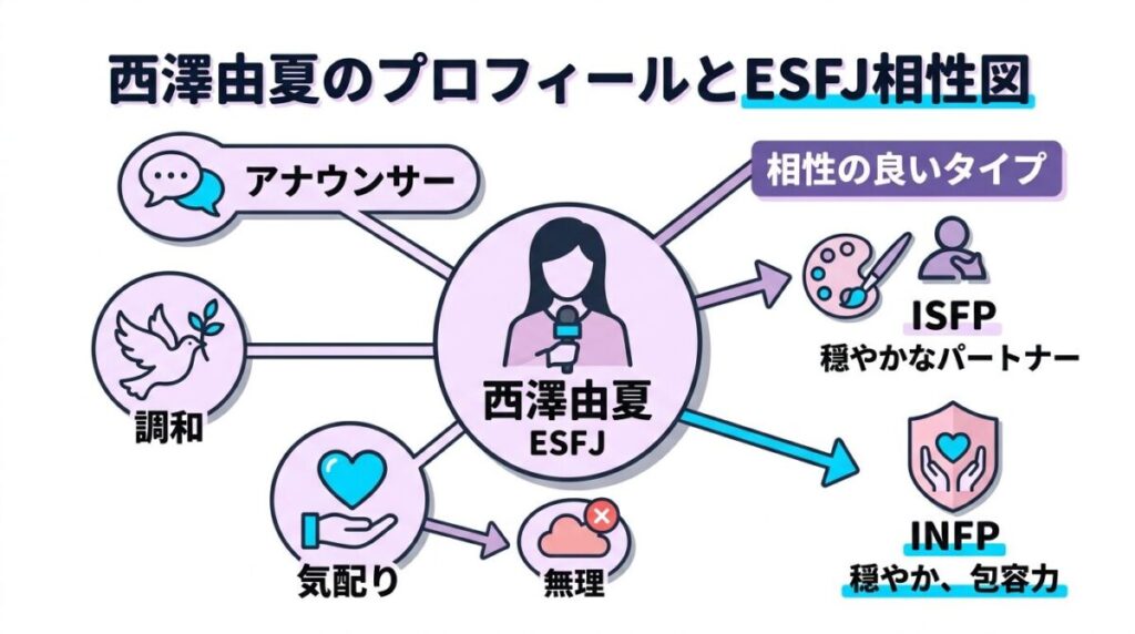 西澤由夏さんのプロフィール予想とESFJの気配り上手な一面、相性の良いISFPやINFPとの関係性をまとめた相関図解