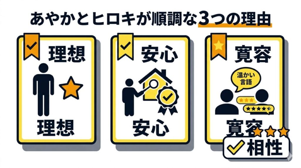 あやかとヒロキの同棲生活が順調な理由として、高身長、家宅捜索での安心感、寛容な名言の3つのポイントをまとめたレビュー図