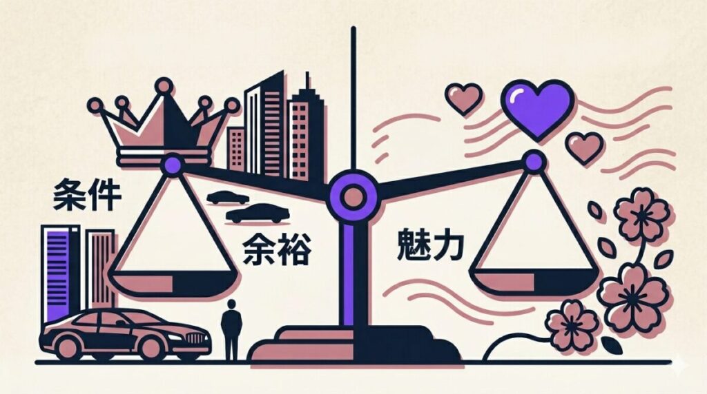 年収1億円のエリートと直感で選ばれた月収10万円の男性という極端なステータスの比較と魅力の差分図