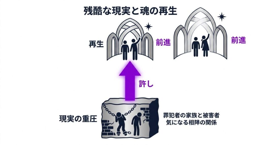 加害者家族と被害者の関係性、そして試合敗北からの魂の再生という第一章のテーマを対比で示した考察図解