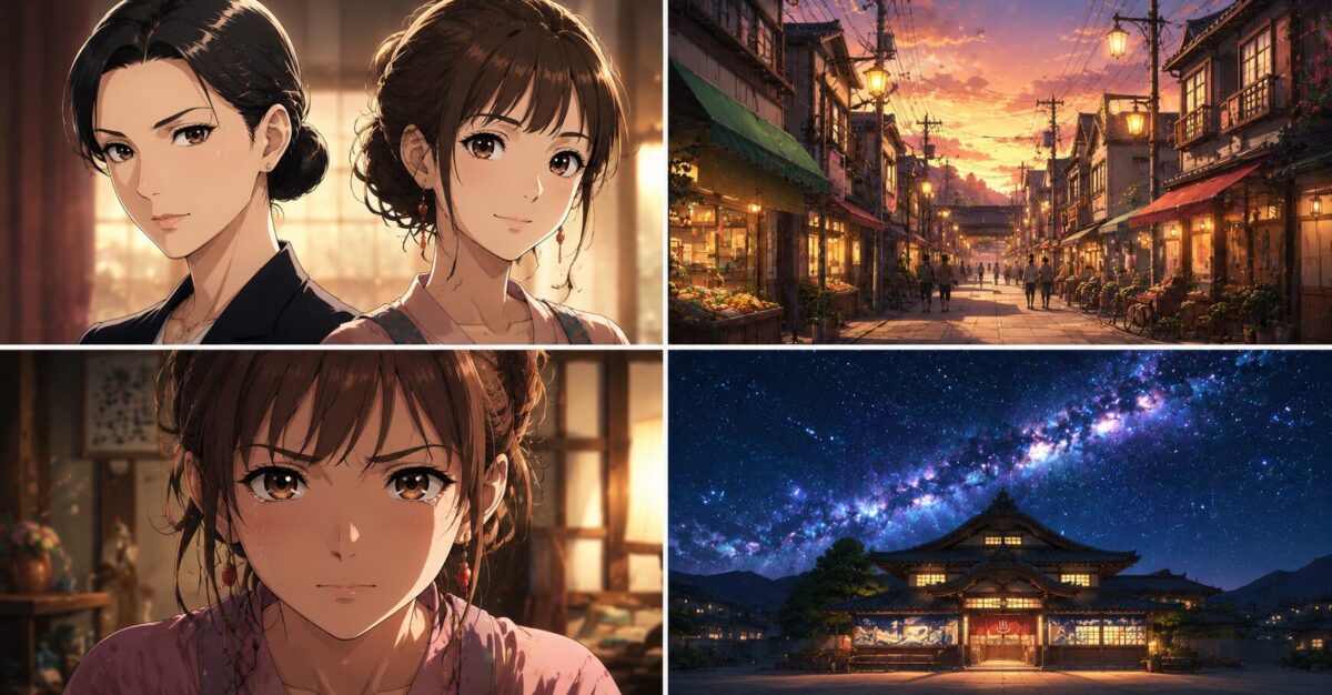 異なる背景を持つ二人の女性キャラクターと夕暮れの商店街の景色、涙を流す女性の強い眼差し、そして満天の星空の下に佇むレトロな銭湯を4コマのアニメ調イラストで表現したイメージ