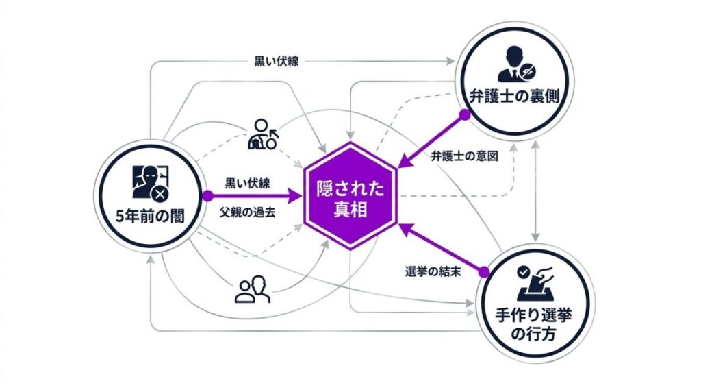 ドラマ「銀河の一票」の物語中盤から後半を揺るがす三つの重要な謎である、5年前の事件、後見人弁護士の真意、そして巨大与党に挑む泥臭い選挙戦の行方のつながりを構造的に可視化した伏線考察図。