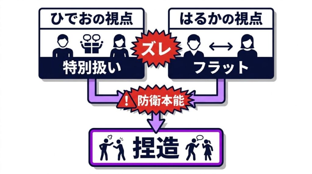 ひでおの特別扱いという思い込みとはるかのフラットな行動のズレが、認知的不協和を生んで裏の顔を捏造するまでの構造図