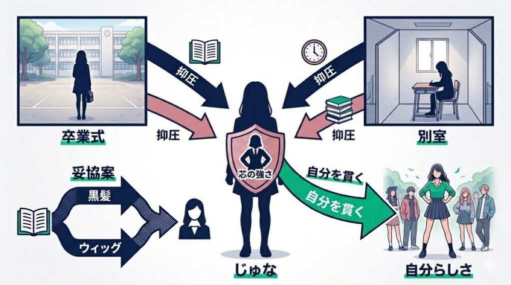 小学校でのひとり卒業式から中学校での別室登校という孤独な過去と自分らしさを貫いた芯の強さを整理した図解