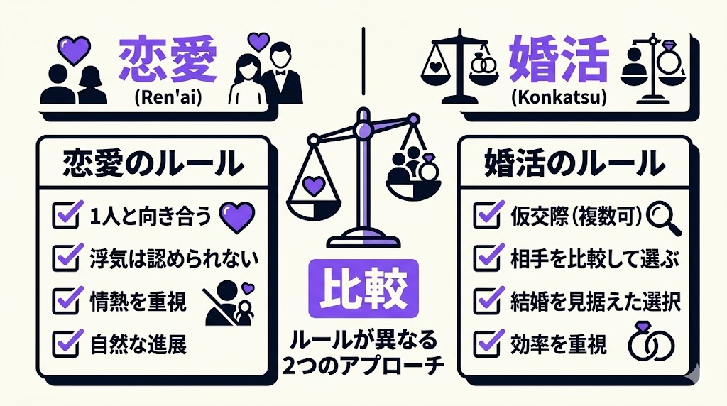 恋愛の浮気と婚活の仮交際におけるキープデートの認識の違いと残酷な現実を比較した図解