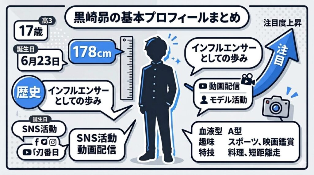 黒崎昴の身長や年齢などの基本プロフィールと、インフルエンサーとしての歩みをまとめた図解。178cmのスタイルや注目度の高さが分かる