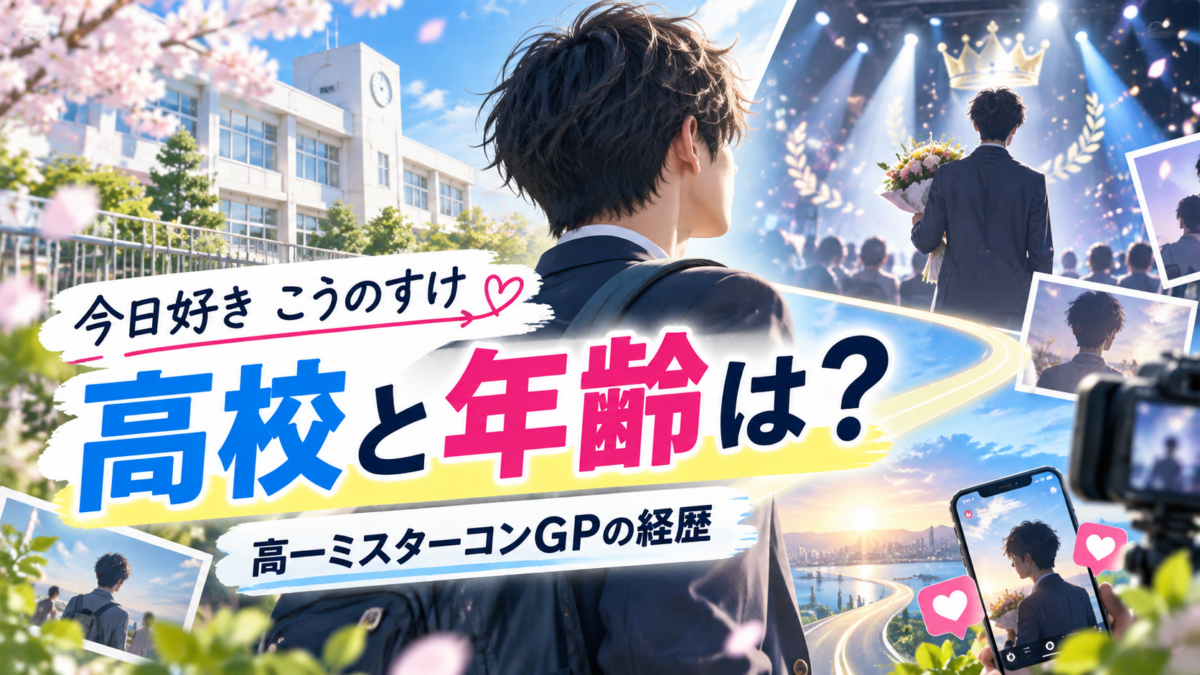 校舎からステージへ続く道と高校生の後ろ姿、カメラやスマホを配置し、『今日好き』こうのすけ（江畑皇之介）の高校・年齢と高一ミスターコンGPの経歴を伝える構図