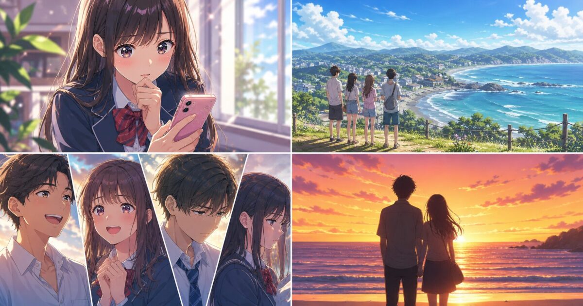 スマートフォンを片手に恋愛番組の結末を考察する女子高生と、海辺で対照的な表情を浮かべる男女が描かれた4コマ風イメージ