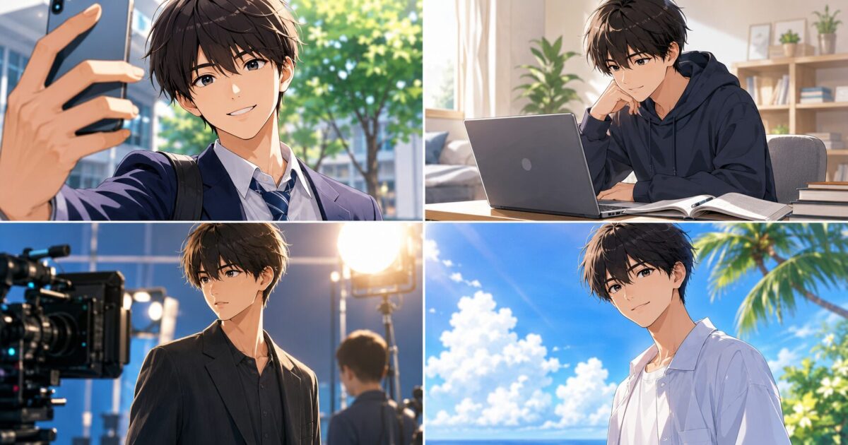 スマホで自撮りをする爽やかな男子高校生や、パソコンでの学習、ドラマ撮影現場での真剣な表情などを描いた4コマ風のイメージ