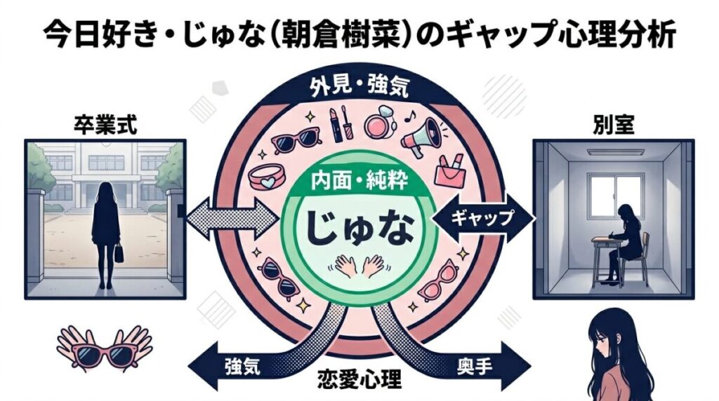 今日好きで見せる強気な金髪ギャルという外見と奥手で一途な不器用という内面のギャップを分析した図解