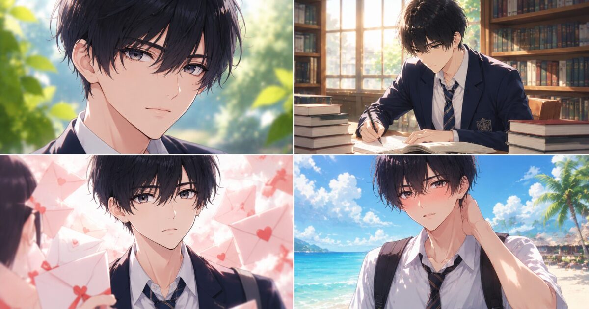恋愛番組に出演するクールな男子高校生の知的な姿や恋に戸惑う表情を描いた4コマ風のイメージ