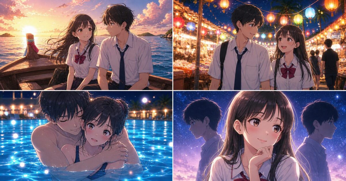夜のライトアップされたプールで密着する高校生男女や、朝焼けの海でのボートデート、ランタンが輝く夜市での風景を描いた4コマ風イメージ