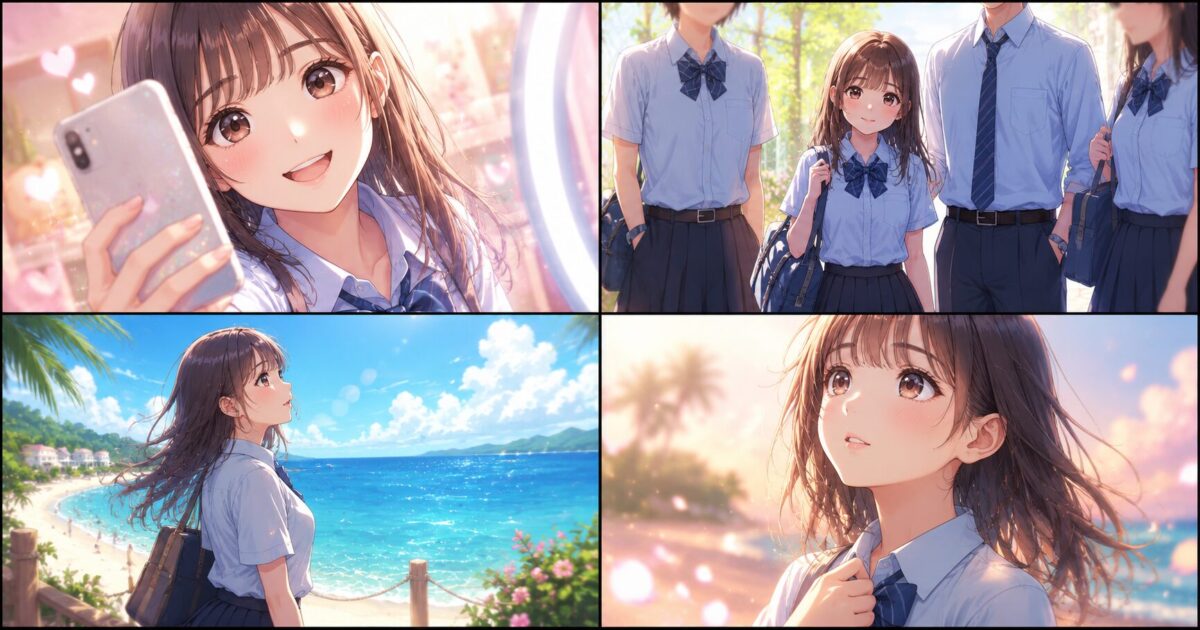青い制服を着た小柄な女子高生がスマートフォンを持って笑顔を浮かべている様子や、南国のリゾートを背景に恋に期待する表情を描いた4コマ風イラストのイメージ