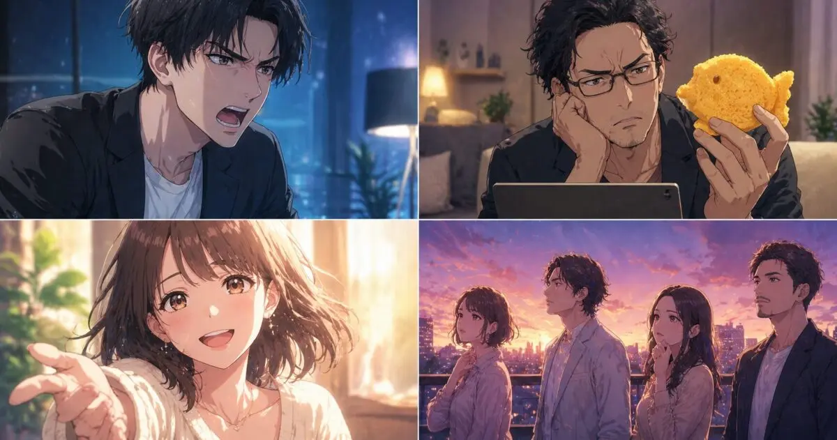 恋愛リアリティ番組でのすれ違いや葛藤。感情を爆発させる男性、魚のスポンジに呆れる男性、笑顔で想いを伝える女性、夕暮れ下で物思いにふける大人たちの姿が描かれたイメージ