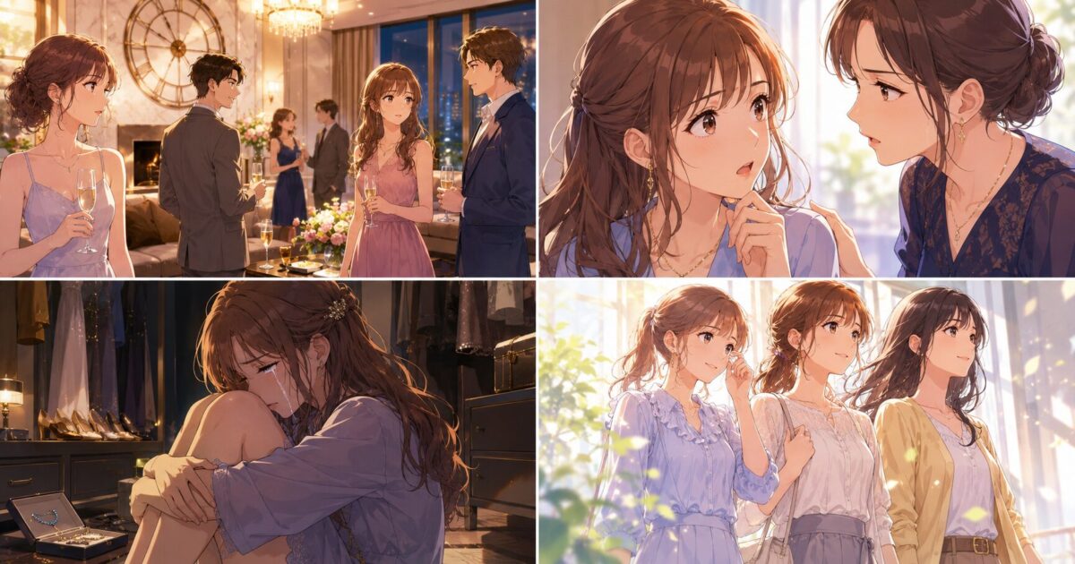 時計のモチーフが飾られた豪華な部屋でのパーティー風景、真剣な表情で語り合う女性たち、薄暗い部屋で一人涙を流す女性、そして少し微笑んで前を向く女性の姿を描いたイメージ。