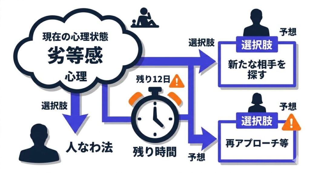なつえの劣等感という心理的障壁から始まり、残り12日で新たな相手を探すか復縁するかのアクションを予測した分岐シナリオ図