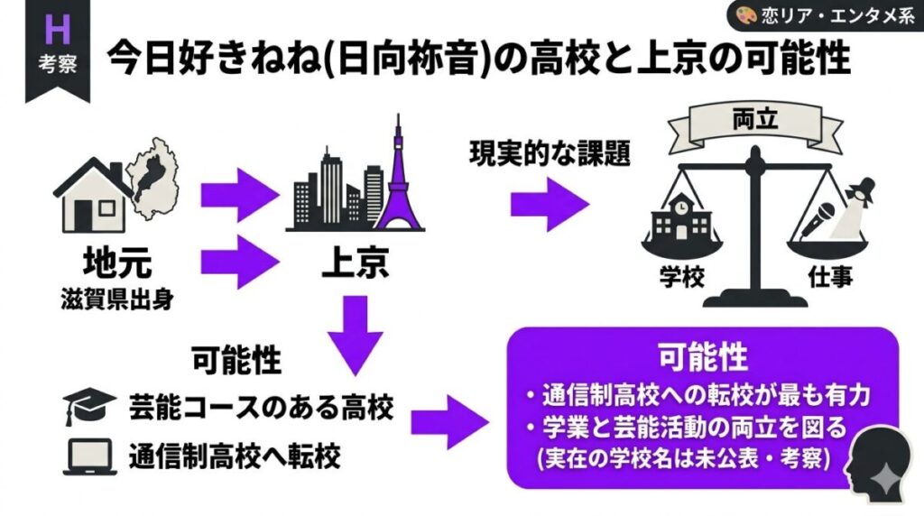 日向祢音（ねね）の出身地と高校の可能性。滋賀県出身から上京し、通信制高校へ転校した可能性をまとめた考察図解