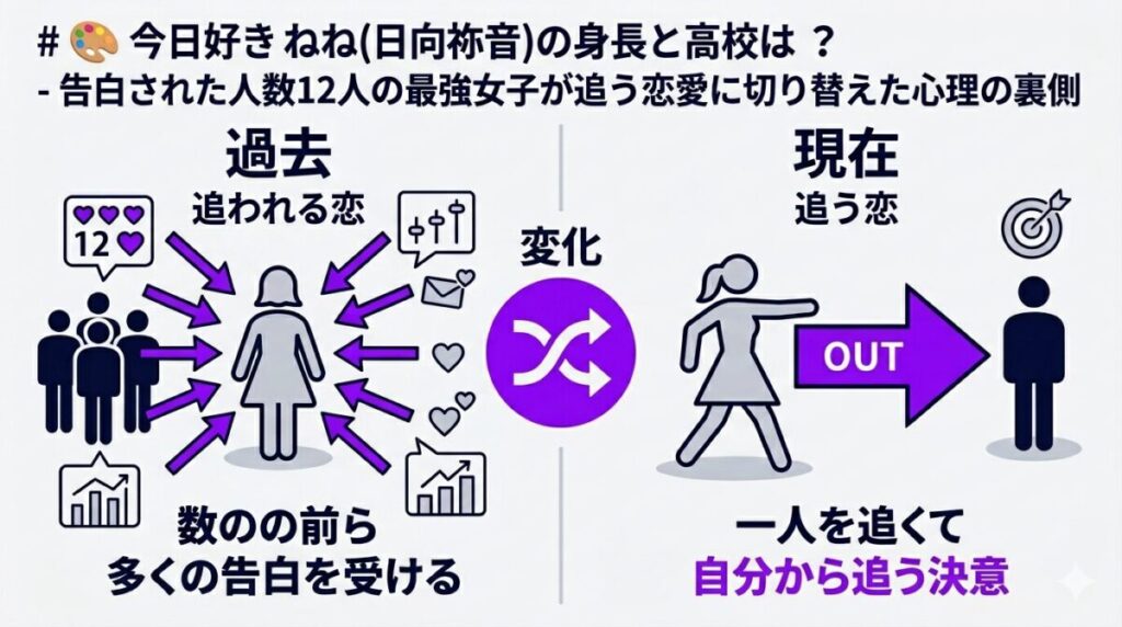 告白された人数12人のモテ女子・日向祢音（ねね）が、追われる恋から追う恋へと恋愛観を変化させた心理のビフォーアフター比較図解