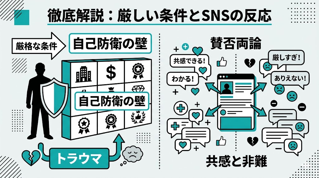 恋愛病院の「秘密の絶対条件」の正体を図解。条件が自己防衛や過去のトラウマの裏返しであるという心理構造と、それに対するSNSでの厳しい賛否の声の分布を整理した図。