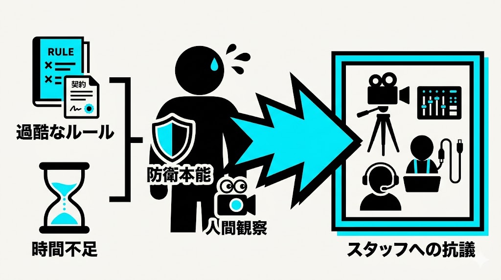 恋愛病院の裏側としんじの激怒の真相を図解。告白ではなく制作陣への抗議だった異例のクライマックスと、2泊3日という過酷な番組ルールが大人を追い詰めた構造的な欠陥を分析した図。
