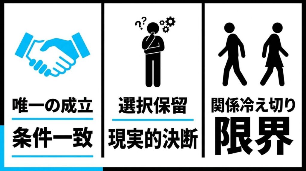 恋愛病院最終回の結末を図解。唯一成立したりゅうせいとなつこペアの成功要因と、あさが誰も選ばなかった現実的な決断、エリナとゆうとの冷え切った関係の終焉を整理して解説した図。