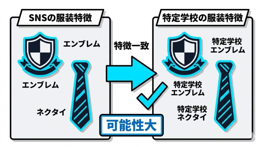 SNS上の服装写真と特定学校のエンブレムやネクタイの特徴を比較し通信制である可能性を検証した図解
