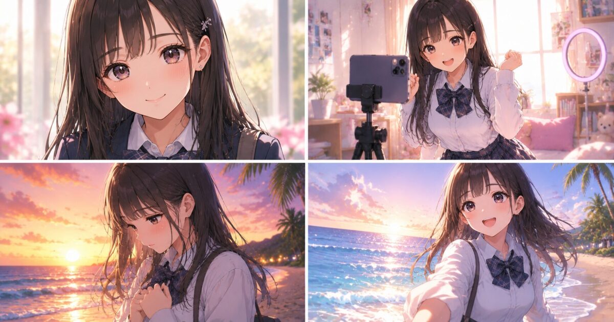 153cmの小柄な制服姿の女子高生がスマートフォンでSNSを楽しむ様子と、南国の海辺で初恋に戸惑いながらも笑顔を見せる4コマ風イラストイメージ