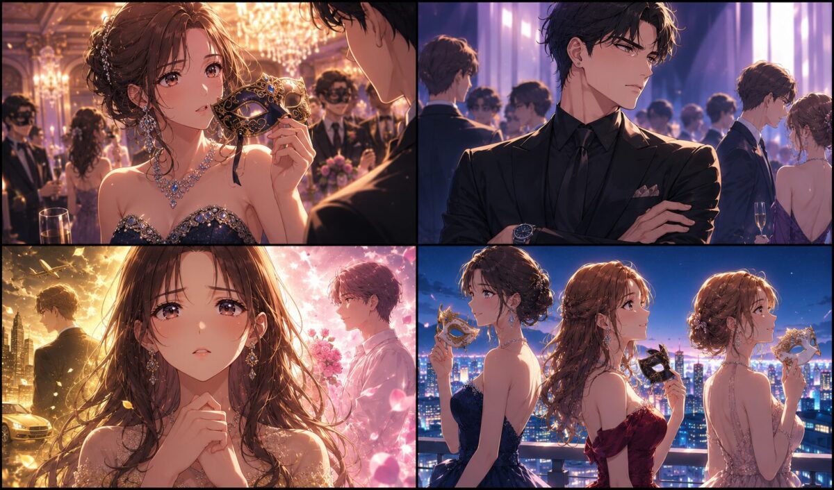 仮面舞踏会で美しいドレスを身に纏った女性たちが、ハイスペックな条件と直感的な恋心の間で激しく揺れ動く姿を4つの場面で表現したイメージ