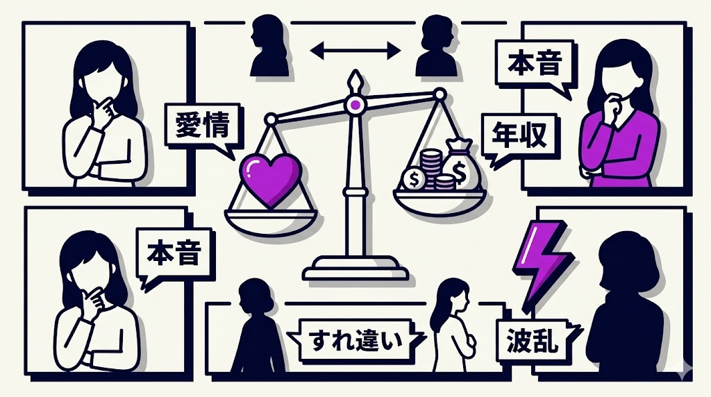 女性陣の心理的葛藤と年収や愛情のバランスを分析し今後の波乱を予想する心理構造の図解