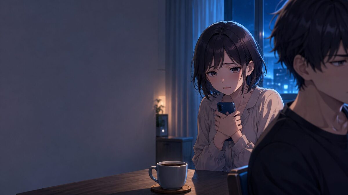スマホを握りしめ不安げな表情を浮かべる女性と、背を向ける男性がすれ違う室内のイメージ