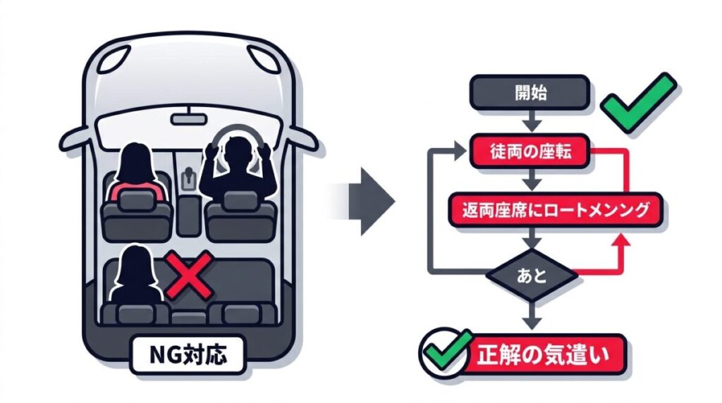 ドライブデートの座席配置における配慮不足なNG対応と、帰りの席交代を提案する正解のアクションを比較解説した図解イメージ