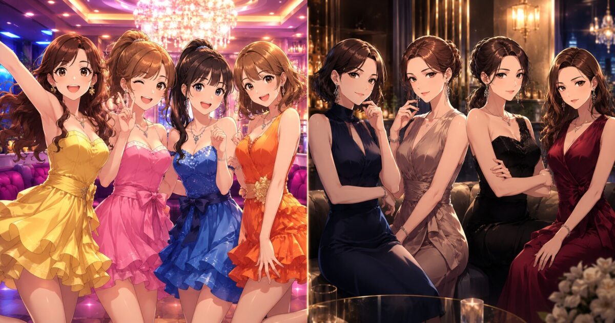 画面を左右に分割し、色鮮やかなドレスを着た活発な20代女性たちと、シックなドレスを着た知的でエレガントな30代女性たちが豪華なラウンジで対比されているイラスト調のイメージ