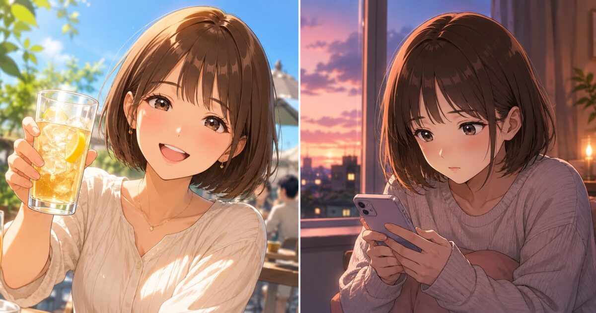 SNSで明るく笑うオープンな姿と部屋の窓辺で静かに恋に思い悩む繊細な姿が左右に並んだ2分割の女性のイメージ