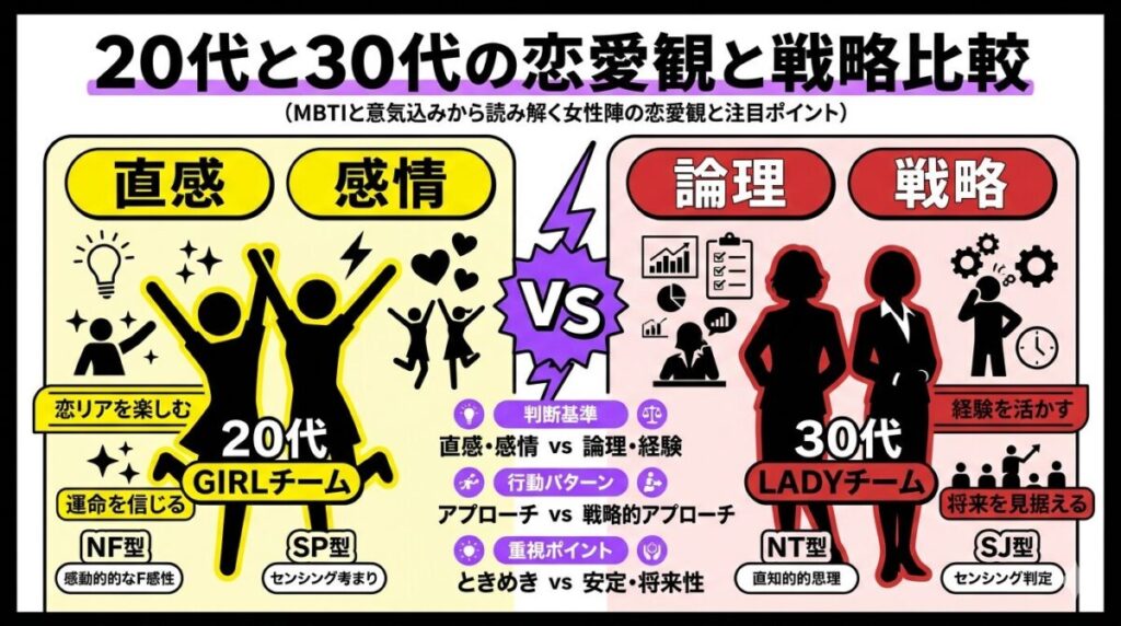 直感と感情で動く20代GIRLチームと論理と経験で戦略を練る30代LADYチームの恋愛観やMBTI傾向の違いが分かる比較図解