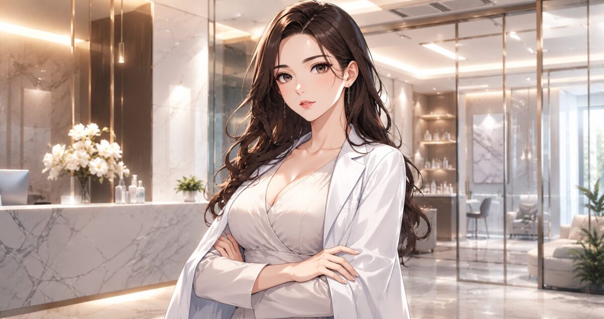 洗練された高級感のある美容クリニックの中で、これまでの努力を糧に自信に満ちた表情で真っ直ぐに前を見据える、美しく聡明な女性経営者のイメージ。