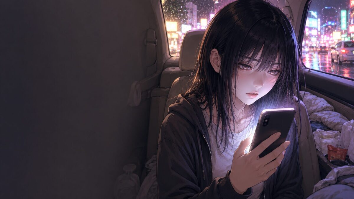 夜の薄暗い車内でスマートフォンの冷たい光に照らされ、複雑な表情を浮かべる黒髪の女性を描いたアニメ風のイメージ @