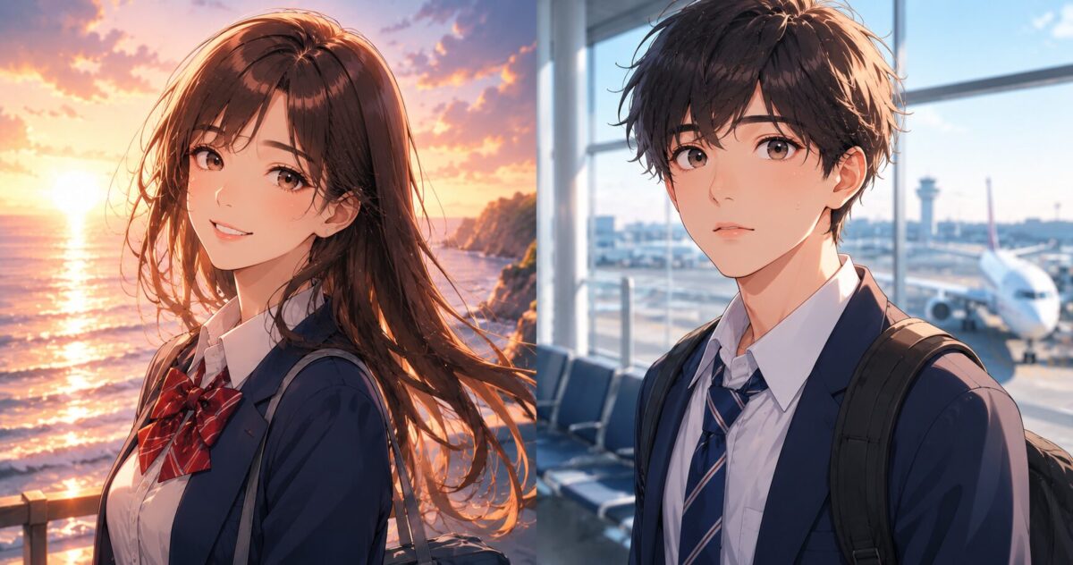 夕暮れの海辺で自信ありげに微笑む魅力的な女子高校生と、空港で少し緊張した面持ちの純粋な男子高校生の対比を描いた2分割イラストイメージ