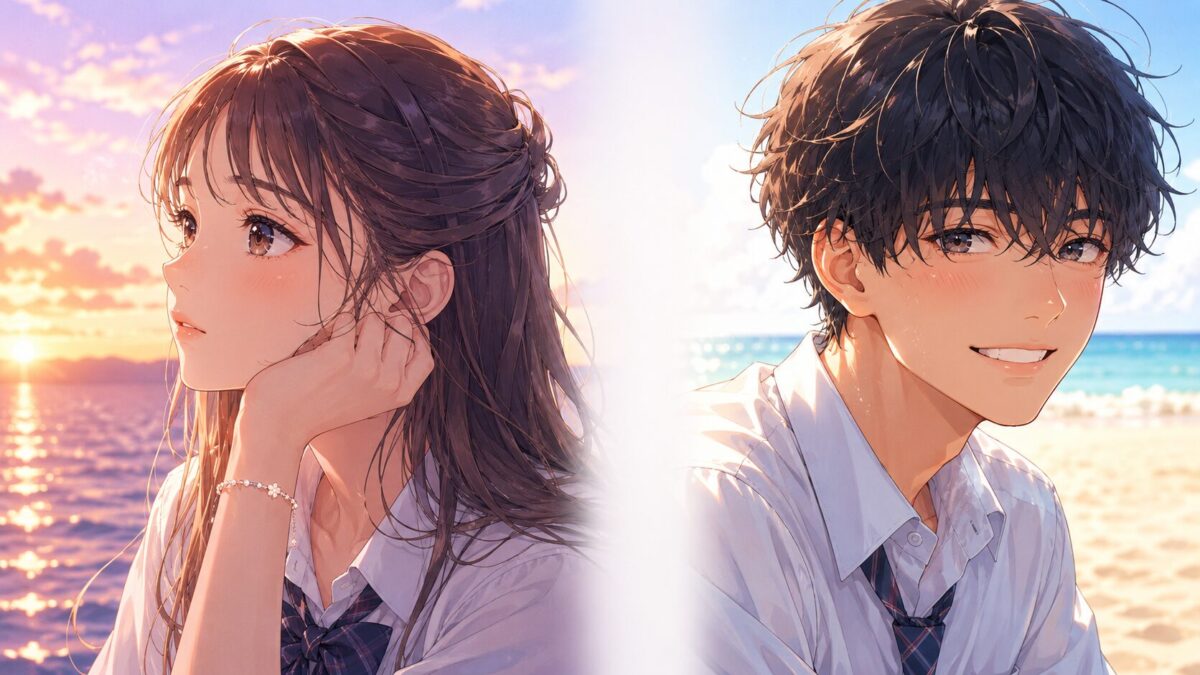 夕暮れの海を背景に切ない表情を浮かべるハーフアップの女子高生と砂浜で照れくさそうに微笑む男子高生が左右に並んだ2分割画面のイメージ