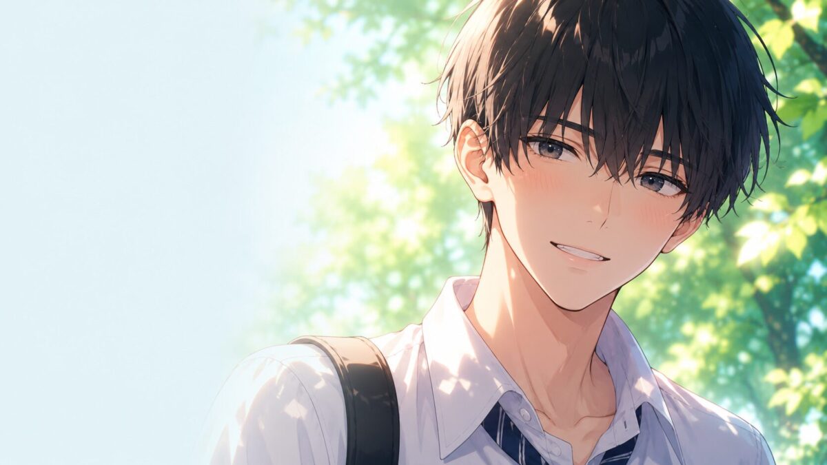 制服を着た高身長の黒髪男子高校生が、少し照れくさそうに無邪気な笑顔を見せている爽やかなイメージ