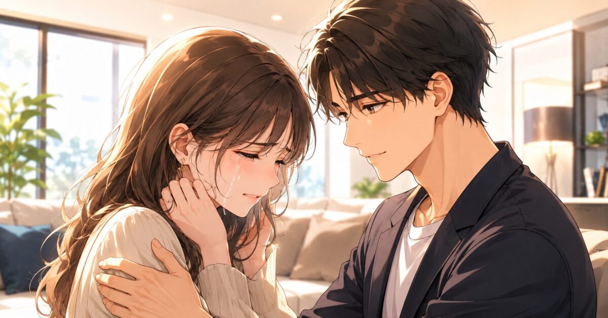 涙ぐむ女性を穏やかな笑顔で優しく包み込む男性の姿が描かれた、恋愛における葛藤と深い受容を表現したイラストイメージ