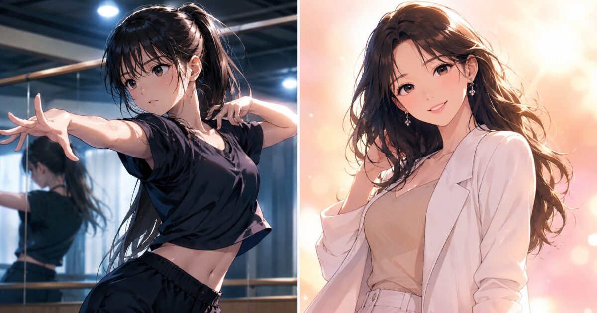 鏡のある練習室で真剣にダンスを踊る少女と華やかな光の中で美しく微笑む大人の女性モデルが左右に描かれたイラストのイメージ