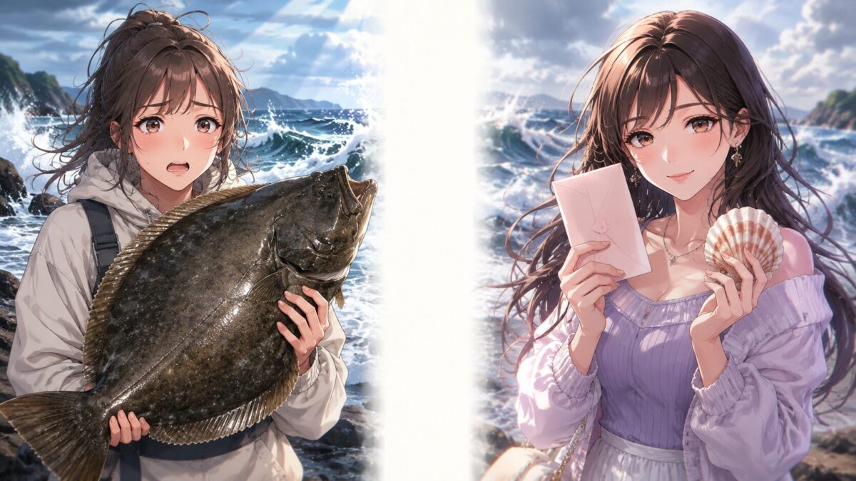 荒れる海辺で巨大なヒラメを抱える女性と手紙を持つ女性の対比を描いたイラストイメージ