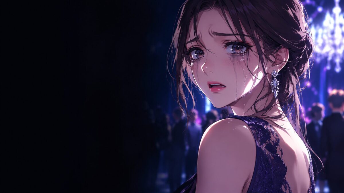 ドレスアップした美しい女性が余裕を失い、冷たい照明の中で焦燥感と劣等感を入り混じらせて涙を流しているイメージ